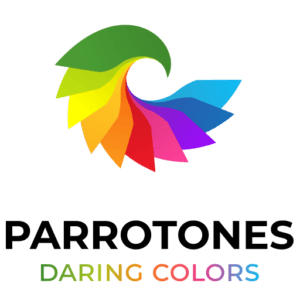 A vibrant logo for PARROTONES, featuring a fanned, swirling graphic element that resembles a parrot's tail feathers or a spectrum of paint swatches. The colors transition from green, through yellow, orange, red, magenta, purple, and blue. Below the graphic, the brand name "PARROTONES" is written in bold black capital letters. Underneath that, the tagline "DARING COLORS" is displayed, with each word colored in a gradient that reflects the colorful spectrum of the main graphic.
