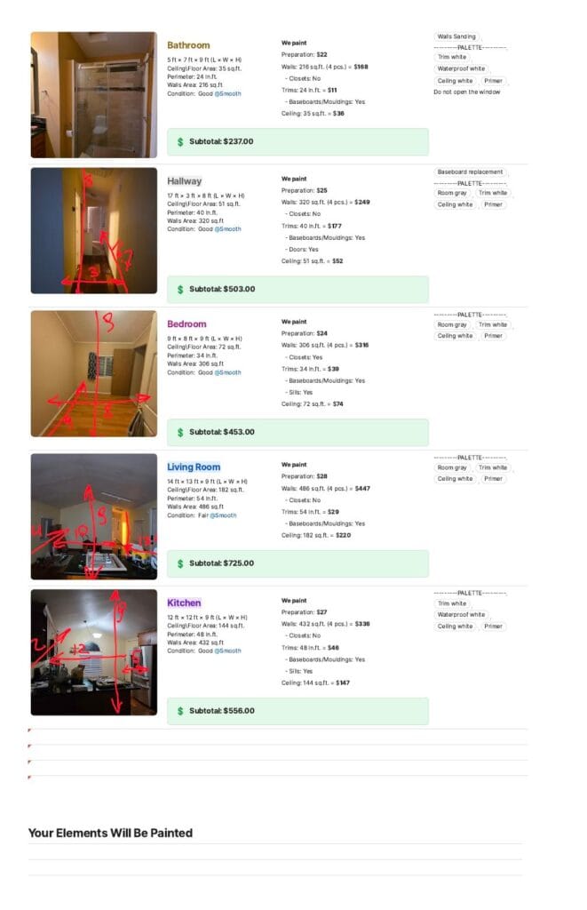 A detailed painting service estimate document, featuring a cropped image of each room alongside its breakdown. It itemizes costs for five rooms: Bathroom ($237.00), Hallway ($503.00), Bedroom ($453.00), Living Room ($725.00), and Kitchen ($556.00). Each section provides room dimensions, calculated wall and ceiling areas, preparation fees, and costs for walls, trims, and ceiling painting. Also noted are paint colors (e.g., Trim white, Room gray, Waterproof white) and specific instructions or conditions, such as "Baseboard replacement" or "Do not open the window."