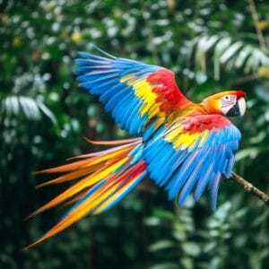 A vibrant scarlet macaw in flight, with its wings outstretched, showcasing its brilliant red, yellow, and blue plumage. It is set against a soft-focus, lush green jungle background.