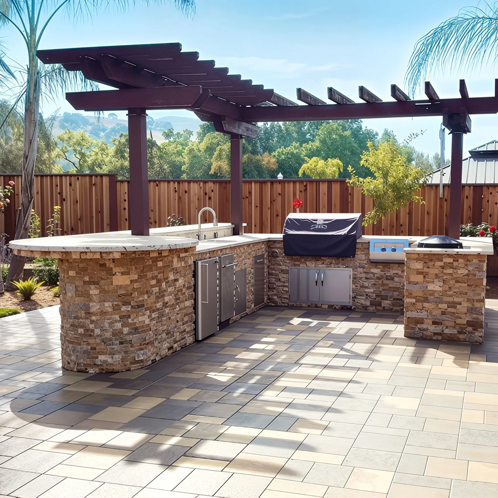A sunny outdoor kitchen and patio area featuring a long L-shaped stone veneer counter with a sink, built-in stainless steel cabinets, and a covered barbecue grill. A dark wood pergola provides partial shade. The patio floor is made of multi-toned paver stones, and a wooden fence, green trees, and distant hills create the background.