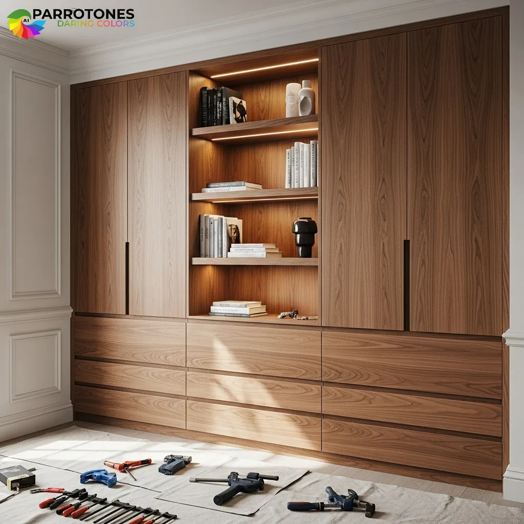 A modern, warm-toned wooden built-in storage unit featuring a central section of three illuminated open shelves displaying books and decorative objects. On either side are closed cabinet doors with vertical handles, and below are two tiers of multiple seamless wooden drawers. On the light-colored floor in front, various tools like clamps, screwdrivers, and a power drill are laid out on a protective mat, suggesting the unit is being assembled or installed.