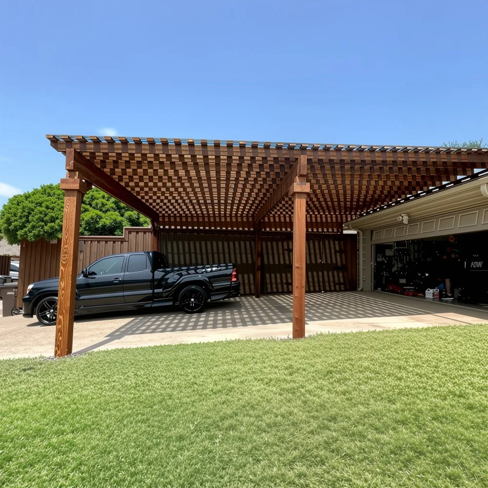 A black pickup truck is parked under a large, dark stained wooden pergola with a checkered lattice roof, casting dappled shadows on the concrete driveway. To the right, a two-car garage has both doors open, revealing tools and storage inside, with a person standing near a white sign that says "FOW" in the right bay. In the foreground, a vibrant green lawn slopes gently, while on the left, a wooden fence and lush green trees are visible under a clear blue sky.