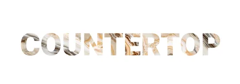 The word "COUNTERTOP" with letters textured by a swirling pattern of light brown, beige, and white marble or natural stone.