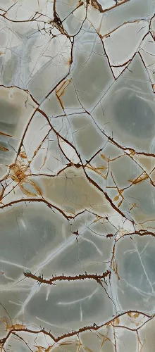 A polished blue-green onyx slab with a prominent network of dark brown and golden-bronze veins, forming a fractured or cracked pattern.