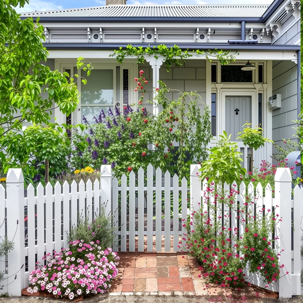 A charming heritage-style house with a vibrant, lush garden and a white picket fence. The light gray house features white trim, a corrugated metal roof, and a welcoming front porch adorned with green vines. In the foreground, a pristine white picket fence opens to a brick pathway. On either side, abundant flowers bloom: clusters of pink and white blooms near the gate, and vibrant red climbing flowers along the fence line. Behind the fence, the garden continues with purple salvia, red-flowered shrubs, and lush green foliage.