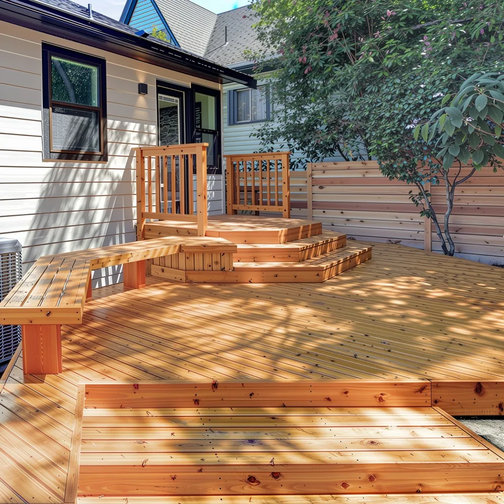 A spacious, multi-level wooden deck featuring several sets of steps, a built-in L-shaped bench, and wooden railings on the upper platform. The deck is constructed from light-toned, reddish-brown wood, with boards laid diagonally on the lower level. It sits adjacent to a house with light-colored siding and dark-framed windows, with an outdoor air conditioning unit visible next to the house. In the background on the right is a modern horizontal slatted wooden fence and a lush green tree casting dappled shadows across the deck.