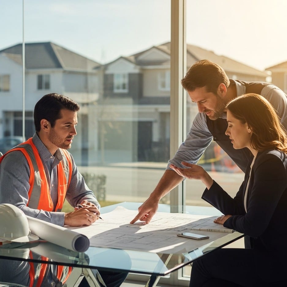 Three professionals — a man in an orange safety vest, another man pointing at blueprints, and a woman in a business suit — collaboratively review architectural plans on a glass table. A hard hat and rolled documents are on the table, with residential houses visible outside a large window in the background.