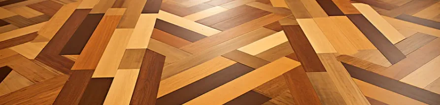 A multi-toned parquet wood floor with a complex geometric pattern. The rectangular planks range in color from light tan and golden brown to medium reddish-brown and very dark brown, arranged in an interlocking diagonal design.