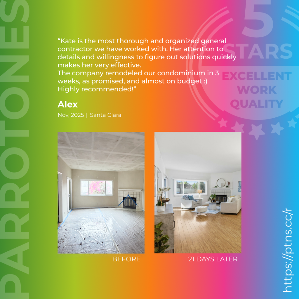 Parrotones is your trusted partner in excellence, dedicated to transforming your home, as highlighted by Alex's fantastic review; explore more client experiences at https://parrotones.com/portfolio/ for inspiration.