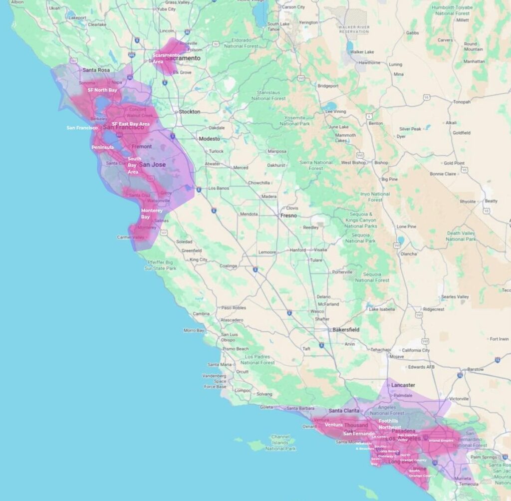 A geographical map of California highlighting key urban and metropolitan regions in shades of pink and purple. These regions include the San Francisco Bay Area (SF North Bay, SF East Bay, San Francisco, Peninsula, South Bay San Jose), Sacramento Area, Monterey Bay, and a large portion of Southern California (Ventura Thousand Oaks, San Fernando, Los Angeles, Northeast LA, Foothills, Long Beach, South Orange County, Inland Empire, Santa Clarita, and Lancaster). Major cities, highways, and natural features are also visible across the map.