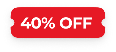 A red, ticket-shaped graphic with "40% OFF" written in white text.