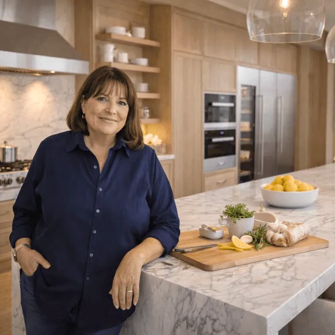 A smiling woman with shoulder-length dark brown hair, wearing a dark blue button-down shirt, stands in a brightly lit, modern kitchen, leaning casually on a white marble island. On the island, a wooden cutting board displays a tied roast, sliced lemons, garlic cloves, fresh rosemary, and thyme, next to a bowl of whole lemons. The background features light wood cabinets, open shelving with white dishes, and sleek stainless steel appliances.