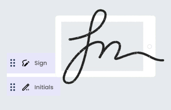 A digital interface illustrating e-signing. A textured, stylized black cursive signature is displayed prominently on a white digital tablet screen. To the left, two interactive menu items are stacked vertically. The top item shows a drag handle (six dots), a pen icon, and the text 'Sign'. The bottom item also has a drag handle, a different pen icon (drawing two dots), and the text 'Initials'. The overall background is a soft light grey.