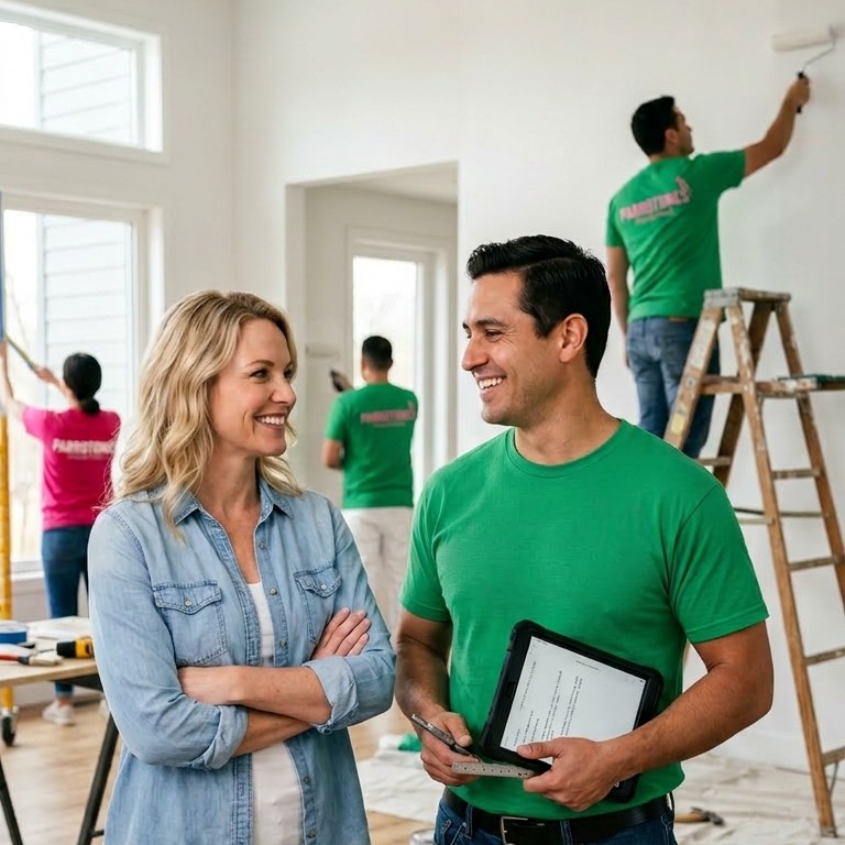 A smiling woman in a denim shirt talks with a Parkstone Painters professional, who wears a green t-shirt and holds a tablet and ruler. In the background, other Parkstone Painters in green and pink shirts are actively painting walls and windows in a bright, modern room.