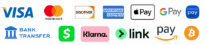 Accepted payment methods including Visa, Mastercard, Discover, American Express, Apple Pay, Google Pay, Samsung Pay, Bank Transfer, Cash App, Klarna, Link, Amazon Pay, and Bitcoin.