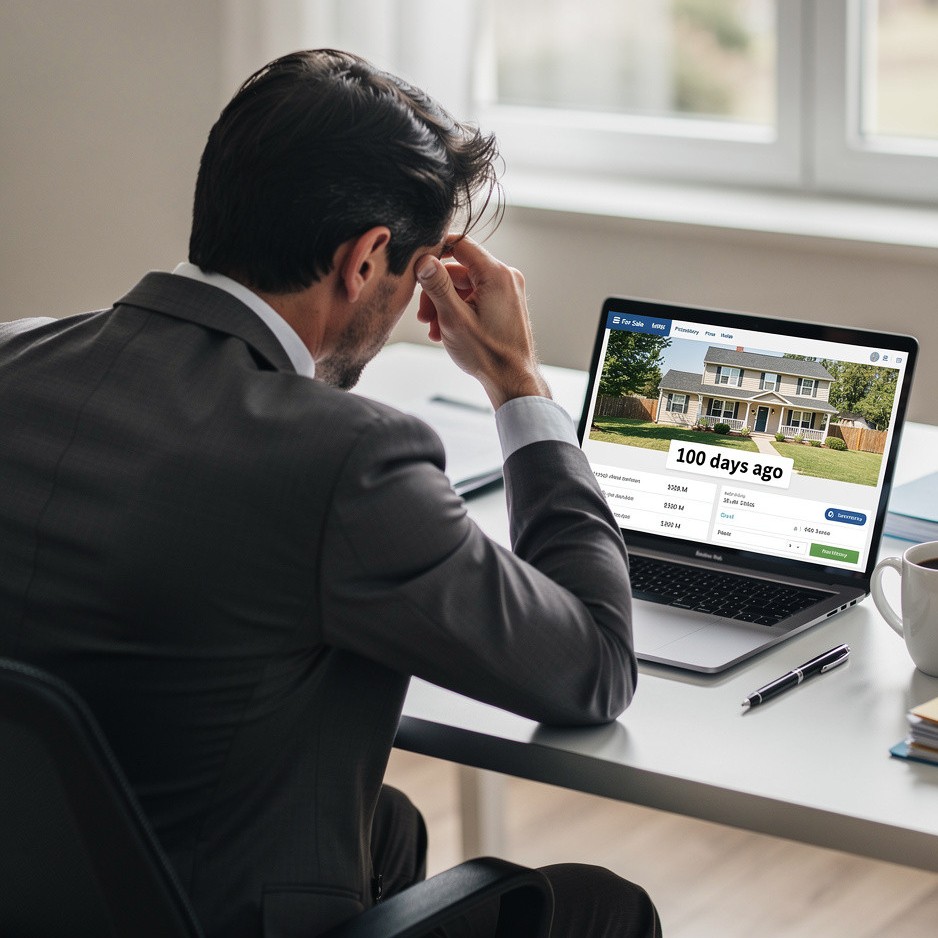 A man in a dark suit sits at a desk, hand on his forehead, looking intently at a laptop screen displaying a real estate listing for a house. The prominent text "100 days ago" suggests he is concerned or deep in thought about a property that has been on the market for an extended period.