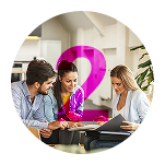 A couple, a man and a woman, sit at a table consulting with a female professional who points to documents or a tablet. A large, semi-transparent magenta number '2' is visible in the background. The image is circular.