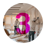 Here are a few options for the alt text, depending on the specific context of the image on the website: **Option 1 (Focus on the number and general activity):** ```alt Pink number 3 overlaid on a circular image of an interior room renovation with three workers. ``` **Option 2 (More descriptive of the scene):** ```alt A large, semi-transparent pink number 3 overlaid on a scene of three renovation workers in a room with decorative wall panels. One worker is on a stepladder, and another is applying finish to a wall. ``` **Option 3 (Concise and highlights the key elements):** ```alt Pink number 3 over a renovation project image with workers on walls and a ladder. ``` I'd recommend **Option 2** as it provides good detail for screen readers without being overly verbose, clearly describing both the overlaid number and the activity in the background.