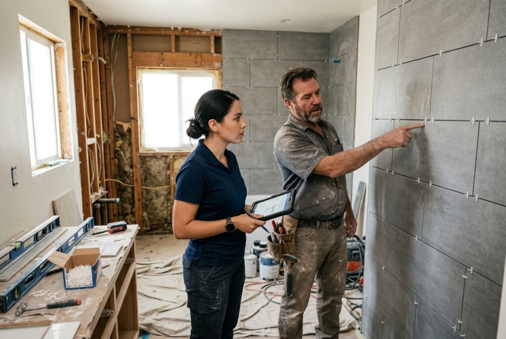 Inspector with a tablet listens as a foreman points at new wall tile on a bathroom remodel job site
