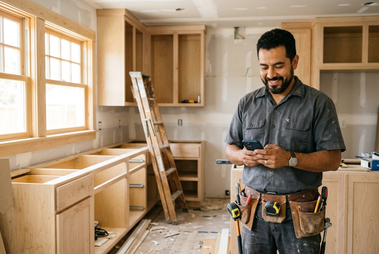 Smiling contractor foreman with a tool belt reads his phone in a Los Angeles kitchen remodel with new cabinets