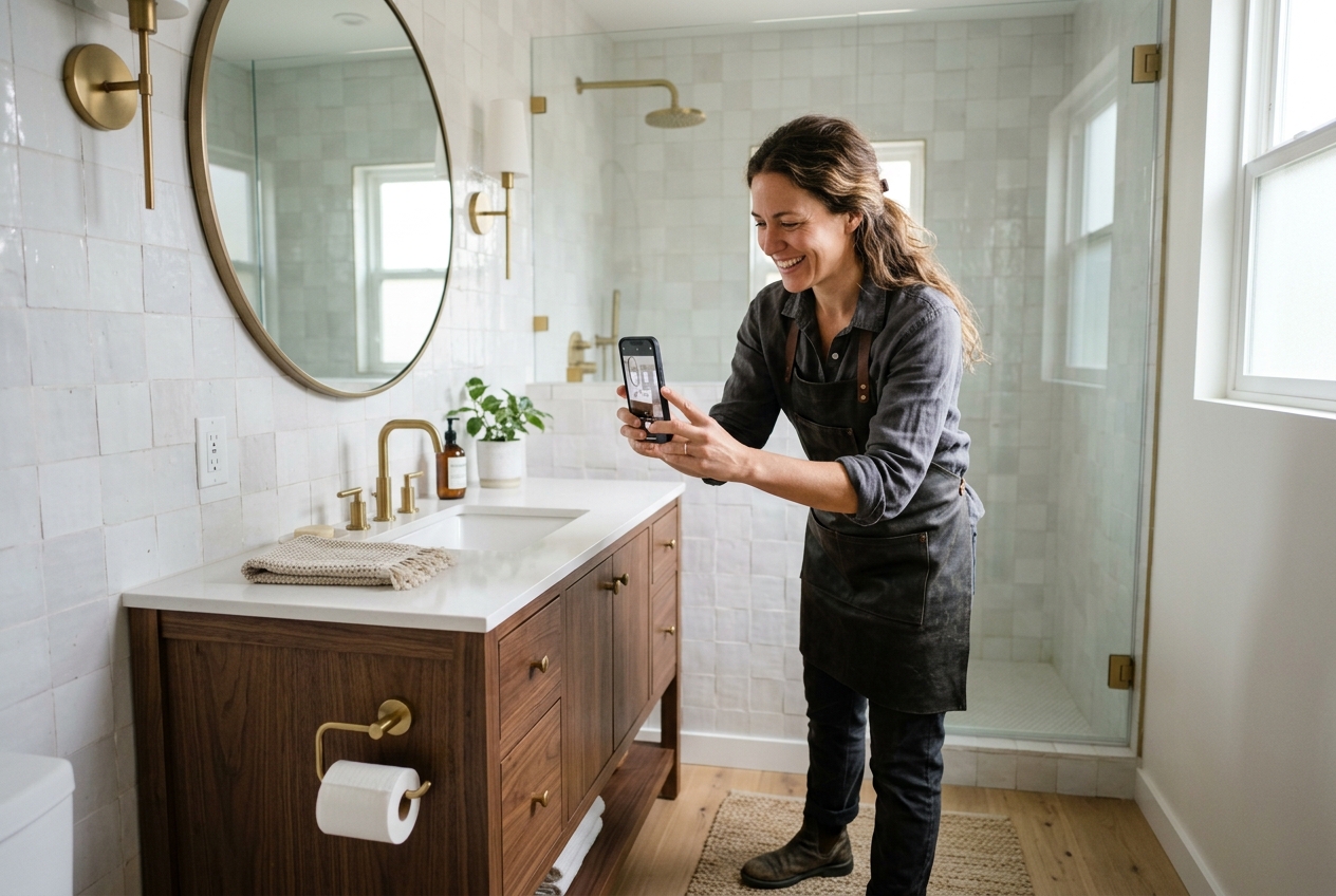 Smiling contractor photographs a finished bathroom with white tile and a walnut vanity on her phone
