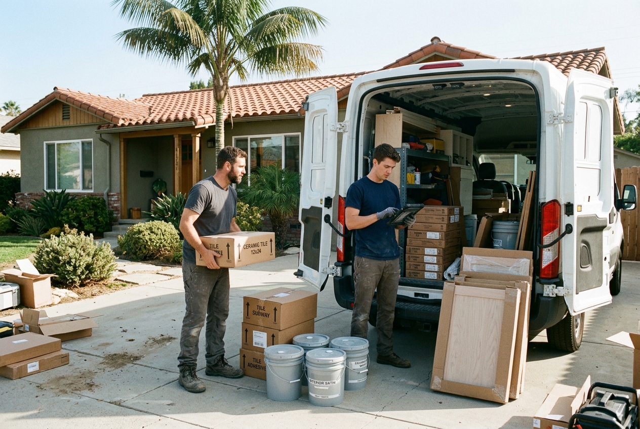 Two crew members unload tile boxes and paint buckets from a white van; one checks the list on a tablet