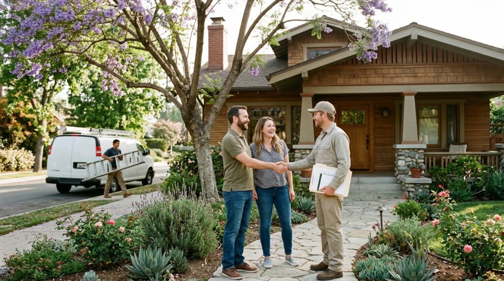 Homeowner couple shakes hands with a crew foreman in front of a craftsman bungalow as his crew unloads a van