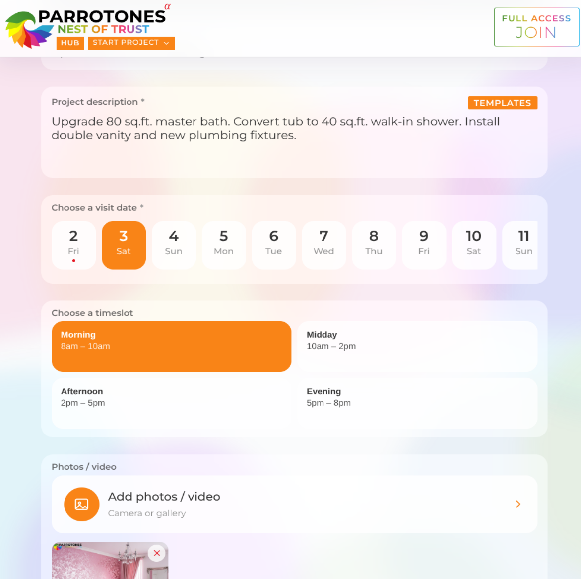 Renovation Hub app scoping form with project description and visit date