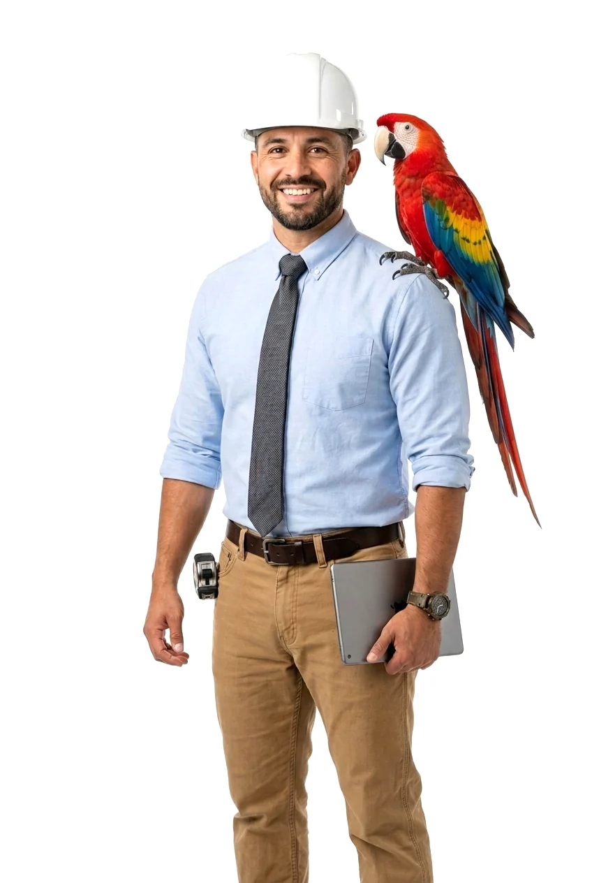 Smiling renovation specialist in a white hard hat with a scarlet macaw perched on his shoulder