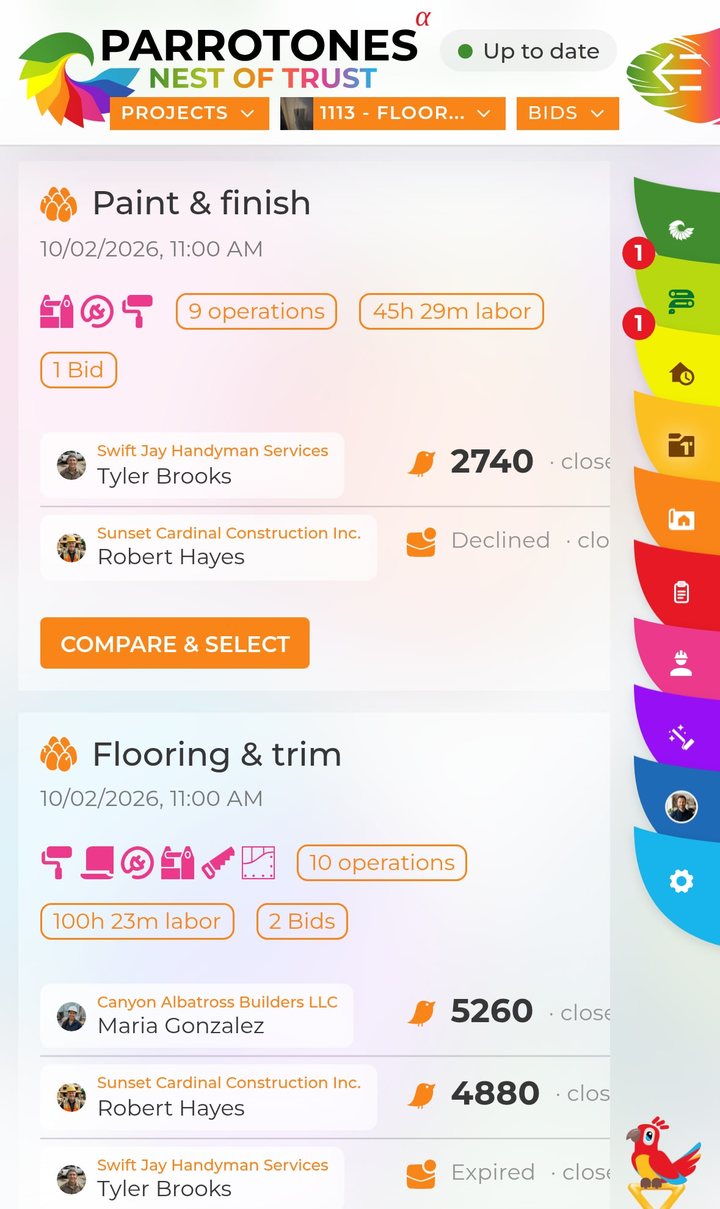 Renovation Hub app: bids from several crews for each scope of the project