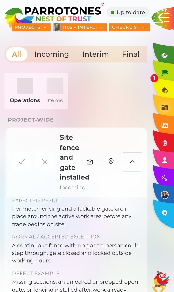Renovation Hub app: checklist item with expected result, accepted exception and defect example
