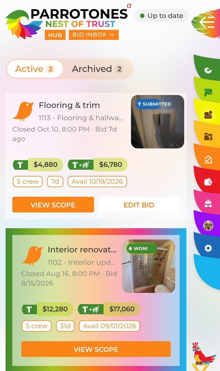 Renovation Hub app: crew bid inbox with submitted and won bids