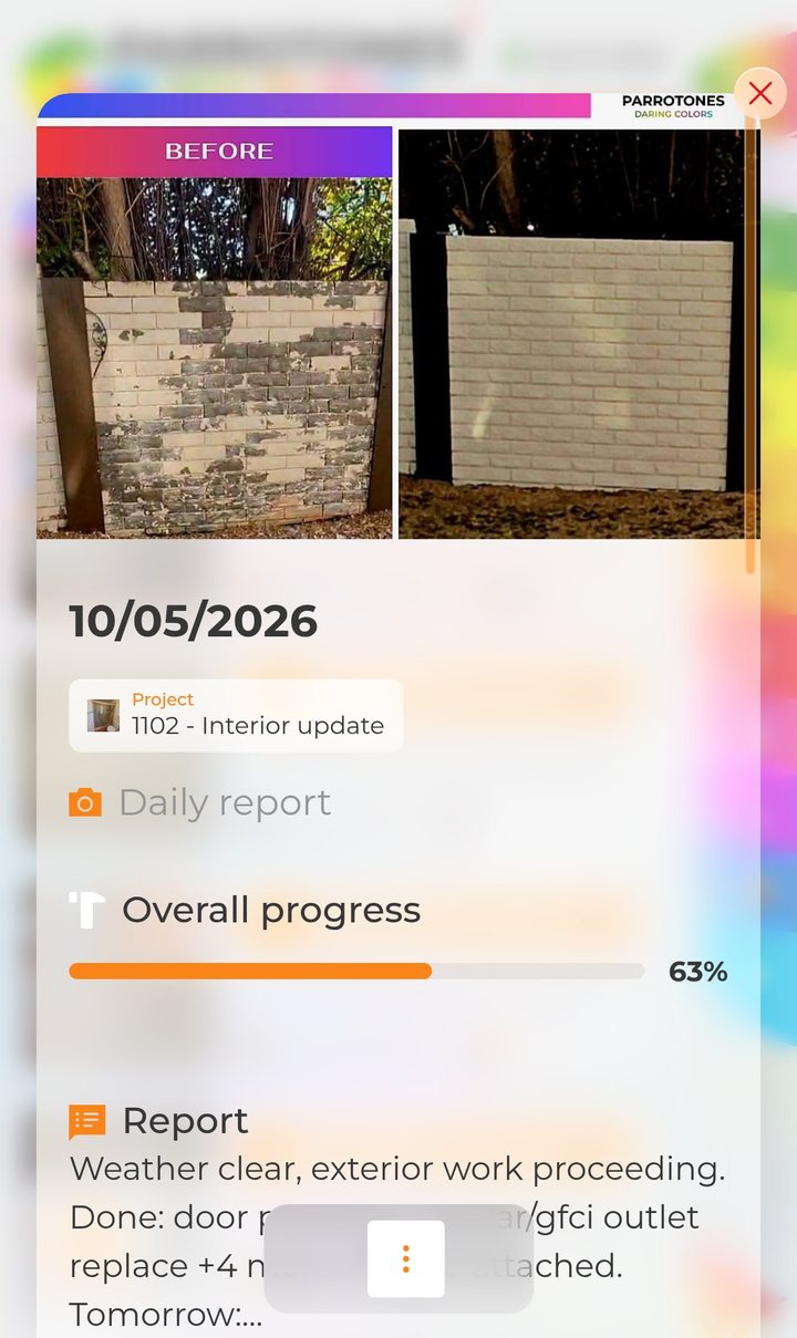 Renovation Hub app: daily report with before and after photos and overall progress