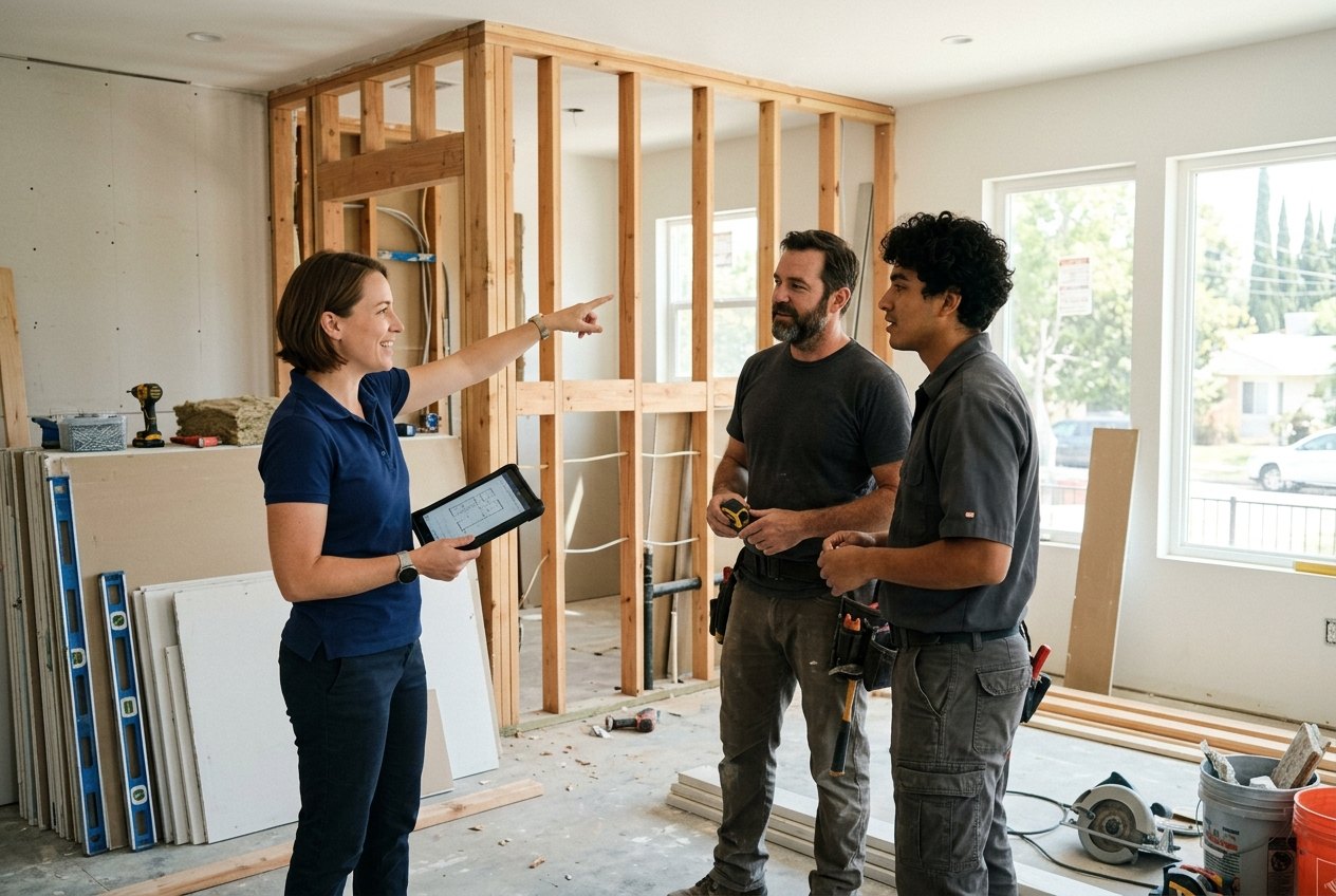 A project manager with a tablet points at a framed wall while talking to a two-person crew