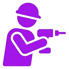Purple pictogram of a worker in a hard hat using a drill