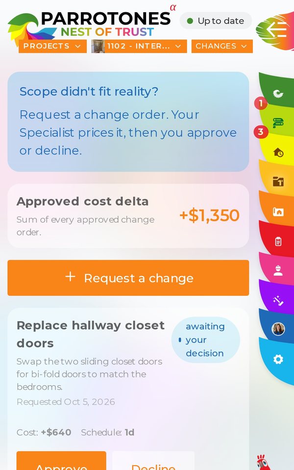 Renovation Hub app: change orders with price and schedule impact, Approve and Decline buttons