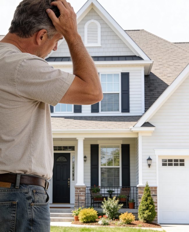 A confused homeowner holding his head in front of his house