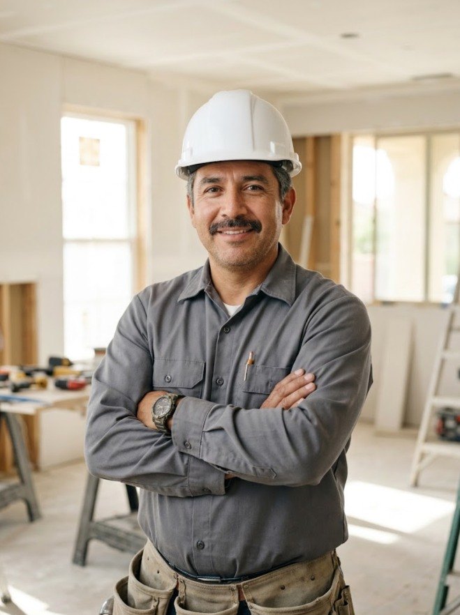 Crew foreman in a hard hat, arms crossed, in a home under renovation