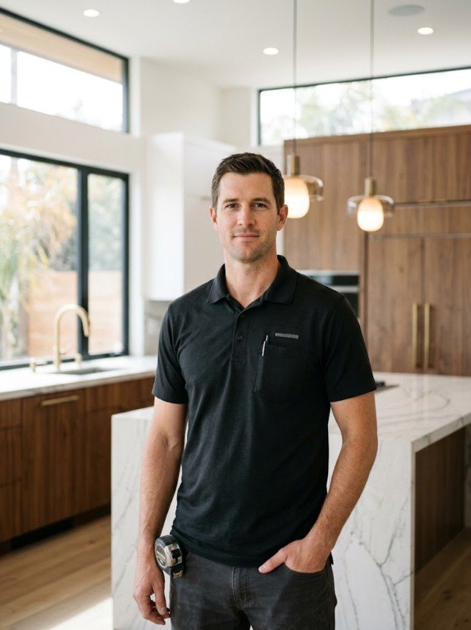Crew foreman standing in a freshly renovated kitchen