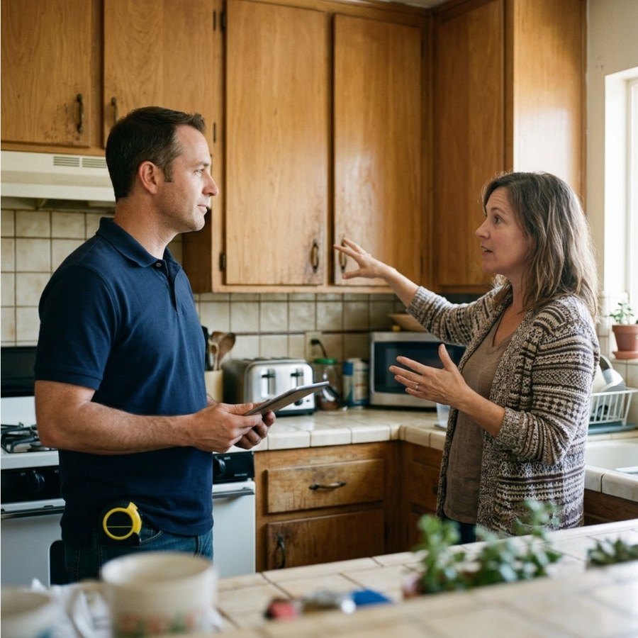 A Renovation Specialist listens to a homeowner explain what she wants in her kitchen