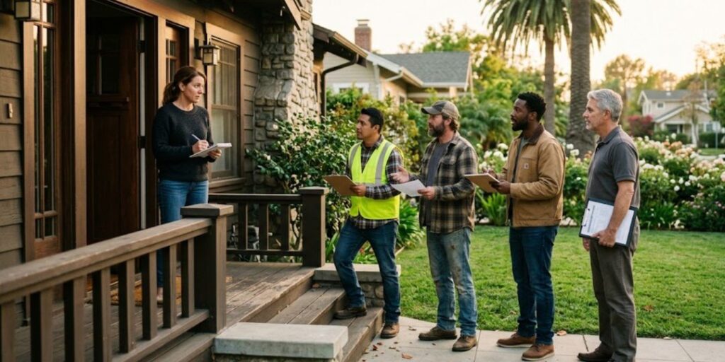 A homeowner at her door facing a line of four contractors, each with a different estimate