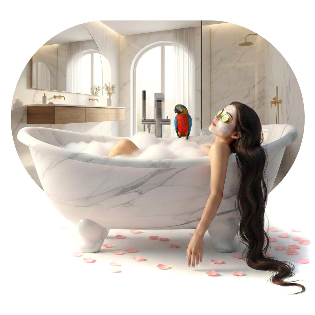 A homeowner relaxing in her newly remodeled bathroom, with a macaw perched on the tub