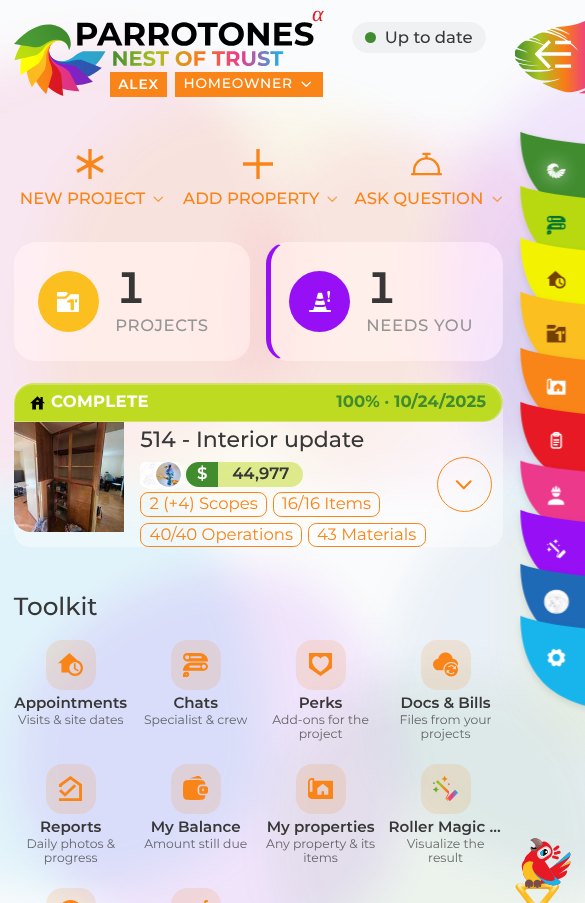 Renovation Hub app: home screen with a project card, Specialist and toolkit