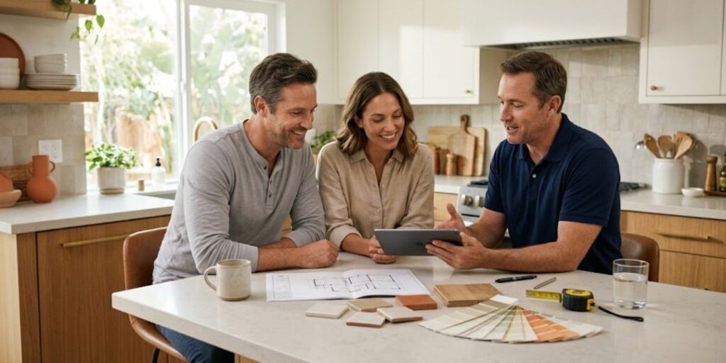 A Renovation Specialist walks a relaxed couple through their renovation plan at the kitchen island