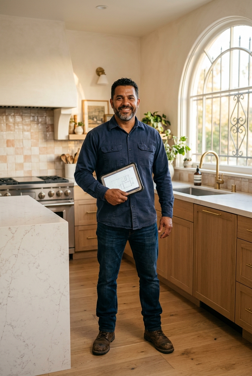 Smiling crew foreman with a tablet standing in a finished Spanish-style kitchen remodel in Los Angeles