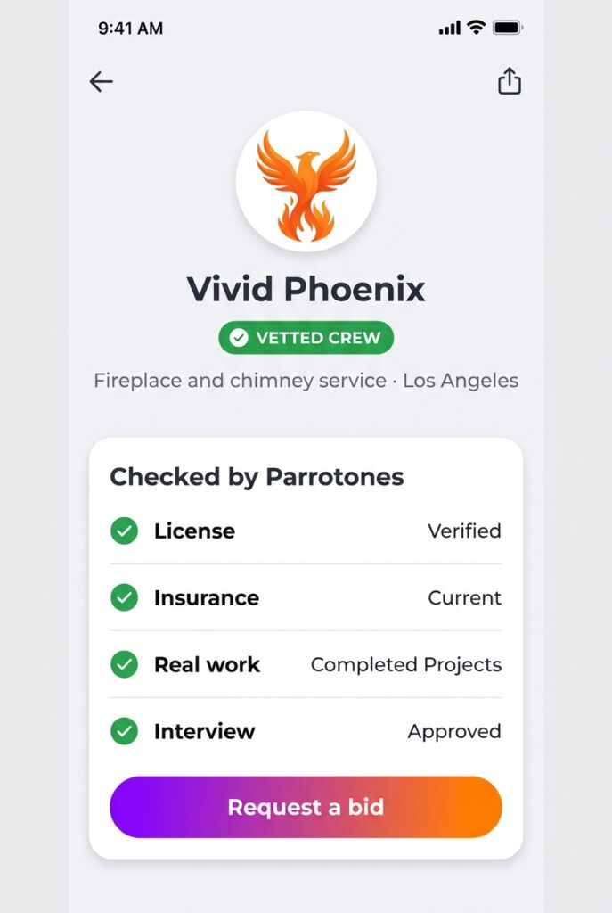 App profile of Vivid Phoenix with a Vetted Crew badge and license, insurance, work and interview checked