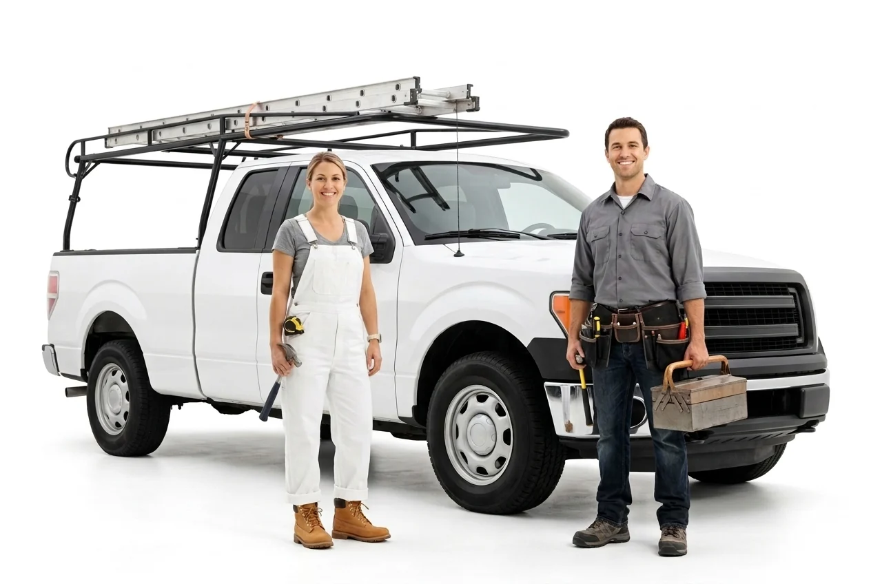 Two smiling remodeling contractors with a toolbox and hammer beside a white pickup truck with a ladder rack
