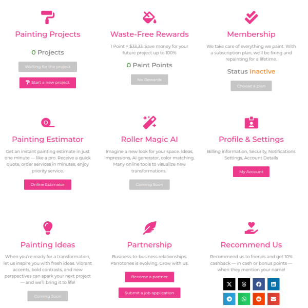 Discover the advantages of a personal painting dashboard on our website, where you can efficiently manage painting projects and access exclusive features like the Roller Magic AI and Instant Estimator Online.